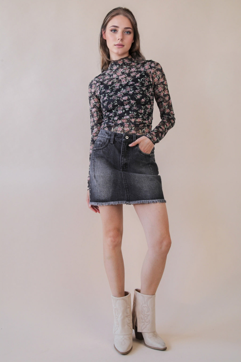 High Neck Fitted Sheer Mesh Lace Knit Top in Black Floral