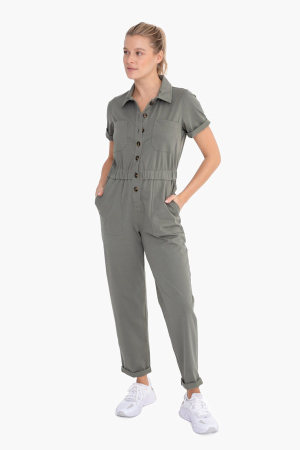 Short Sleeve Utility Style Jumpsuit (Olive)