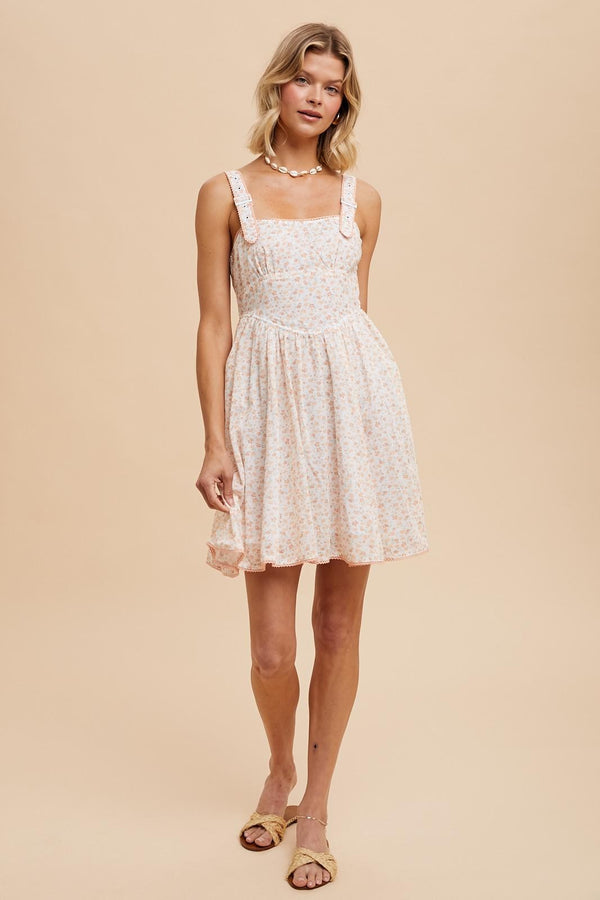 FLORAL APRON STYLE UTILITY MINI DRESS in Apricot- Final Sale