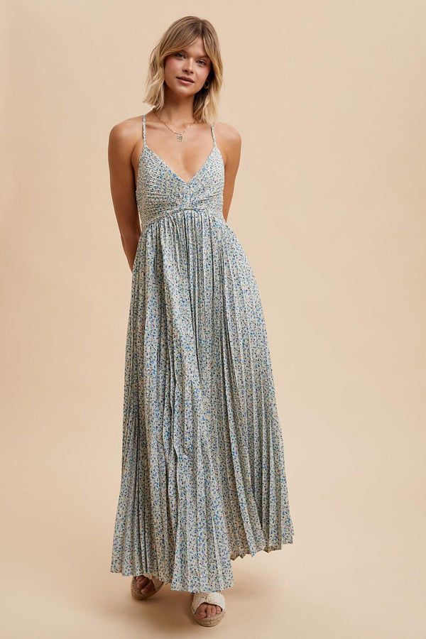 PLEATED FLORAL MAXI DRESS in Blue Floral Print- Final Sale