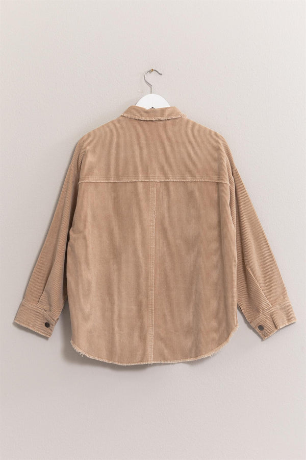 Washed Corduroy Frayed Shacket (Taupe)