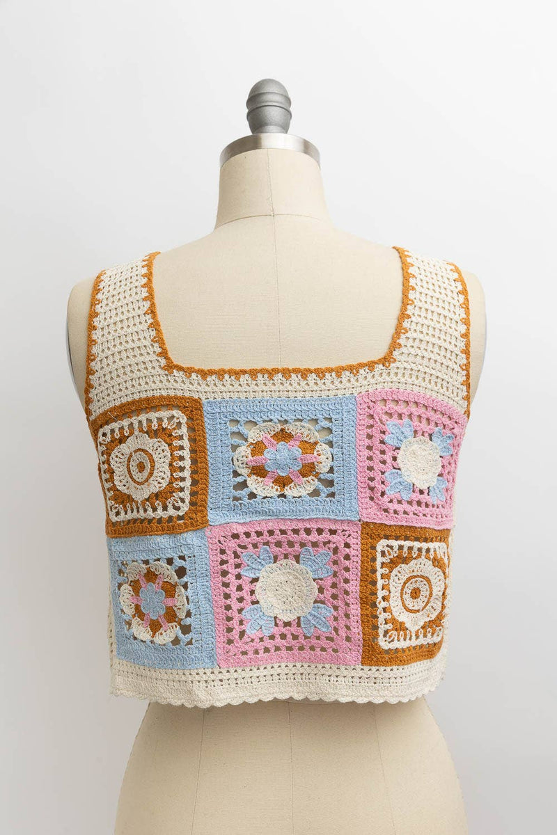 Floral Mosaic Embroidered Crochet Top: Pink Combo