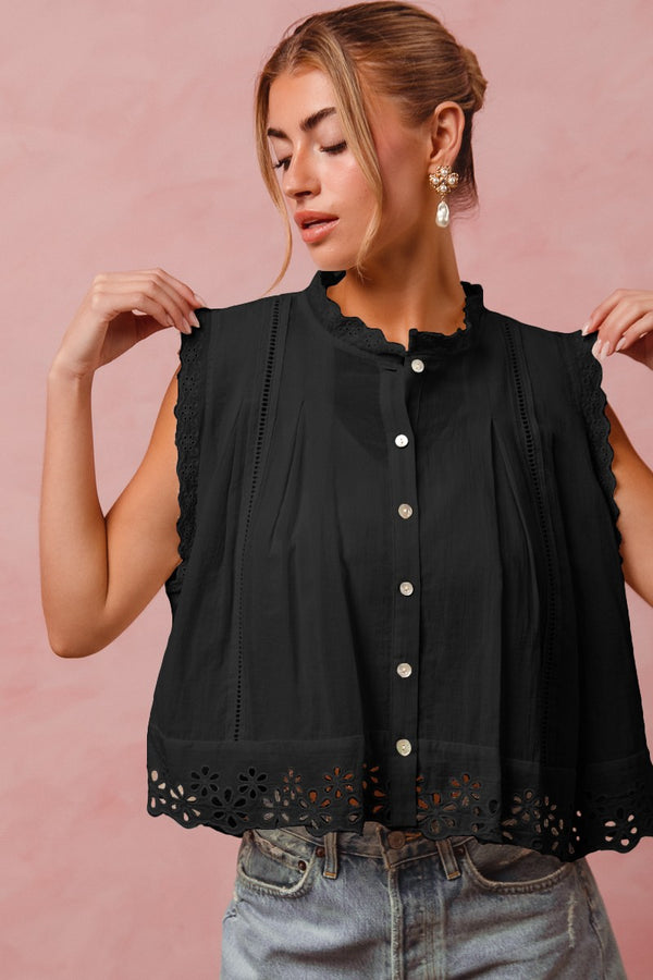 Button Up Front Pleated Sleeveless Lace Blouse Top in Black