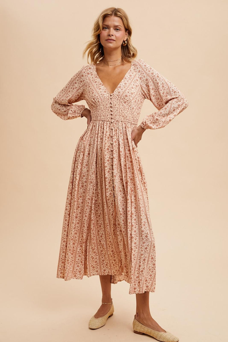 SMOCKED BUTTON DOWN MAXI DRESS