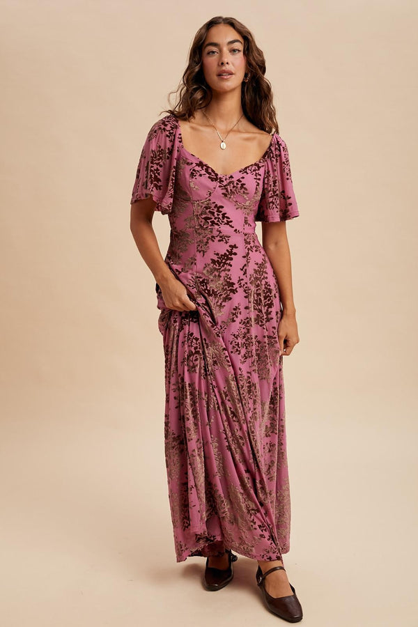Burnout Velvet Flutter Maxi Dress in Sugar Plum