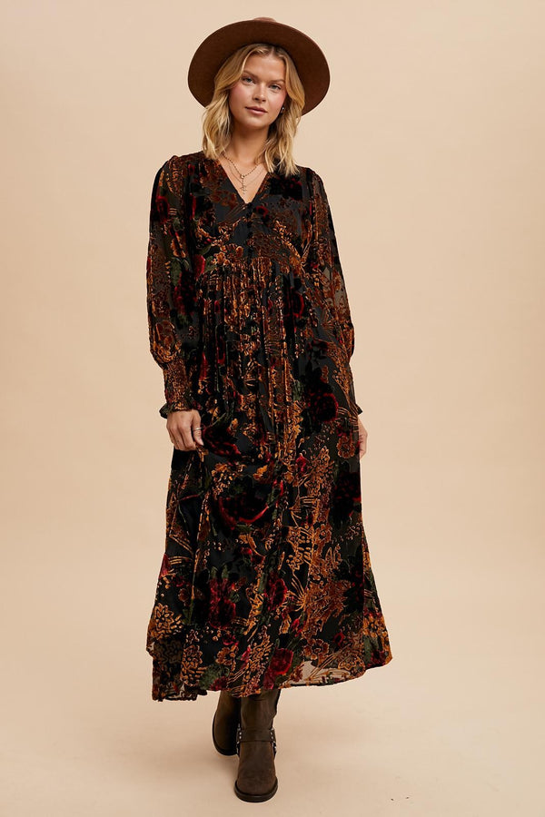 VELVET BURNOUT BUTTON DOWN MAXI DRESS in Red Rose Floral