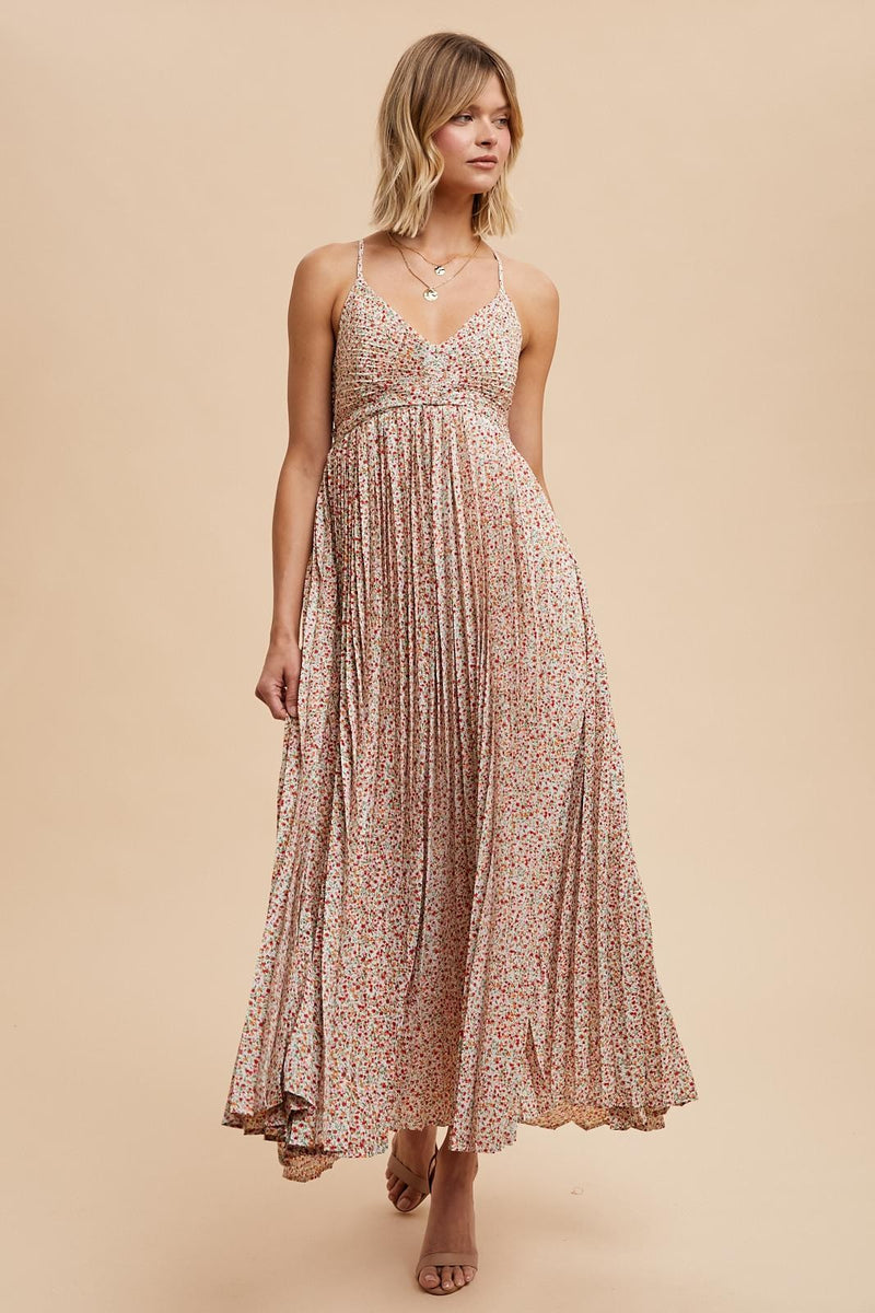 PLEATED FLORAL MAXI DRESS in Coral Floral Print