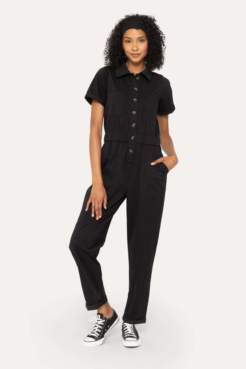 Short Sleeve Utility Style Jumpsuit (Black)