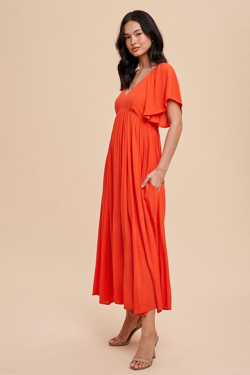 Viscose Flutter sleeve maxi dress in Chili
