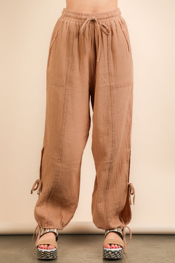 Side Tunnel Harem Pants With Lace Trim Detail in Taupe