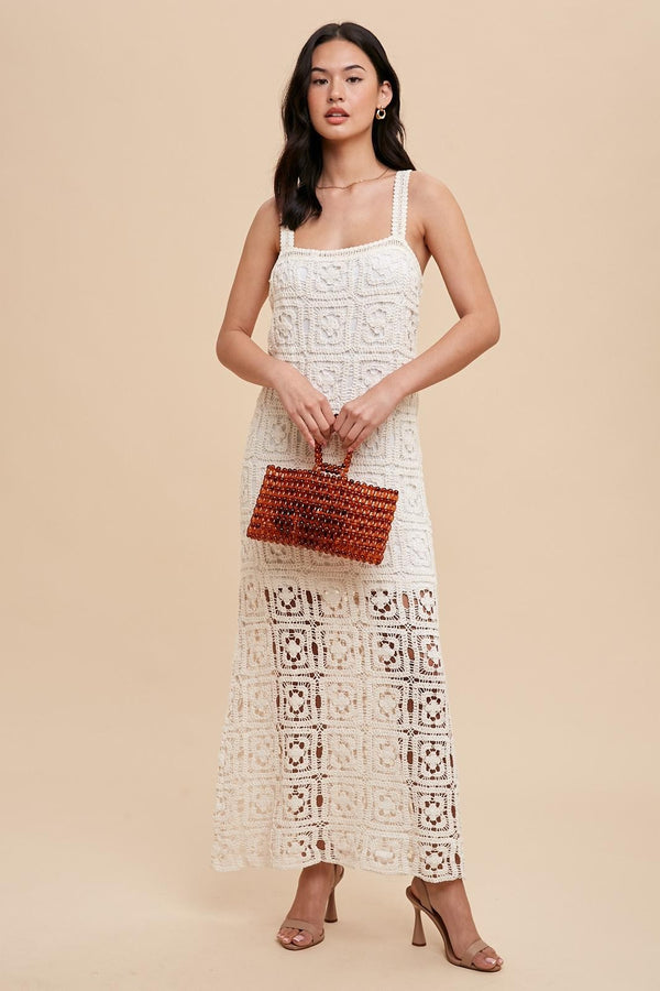 Cotton Crochet Maxi Tank Dress in Creme- Final Sale