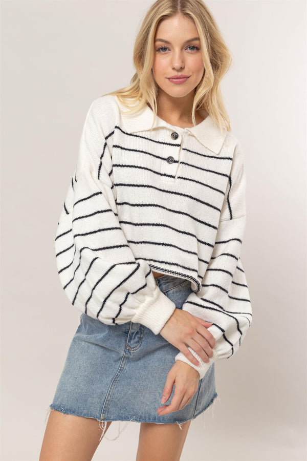 Striped Half-Placket Sweater (Cream)