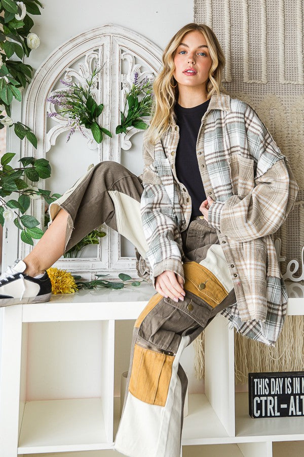 MIXED CHECK PLAID OVERSIZE SHIRTS in Taupe Combo (Oli & Hali Brand) - Final Sale