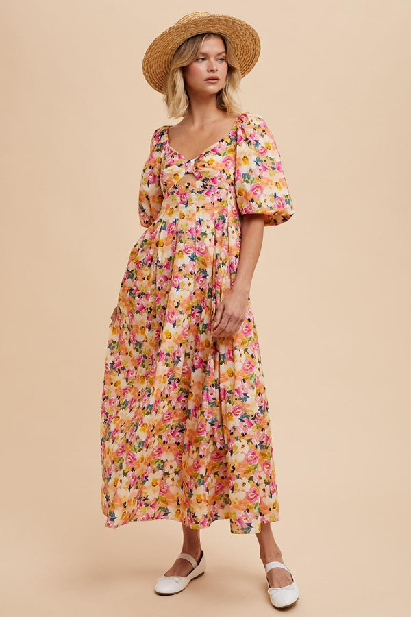 FLORAL COTTON MAXI DRESS in Peony