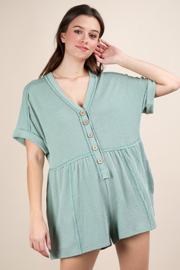 Two Tone Ribbed Knit Comfy Casual Romper in Sage