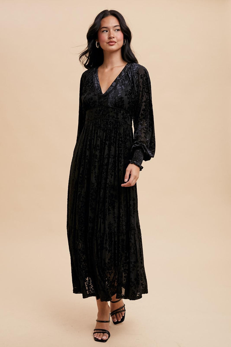 VELVET BURNOUT MAXI DRESS (Black)