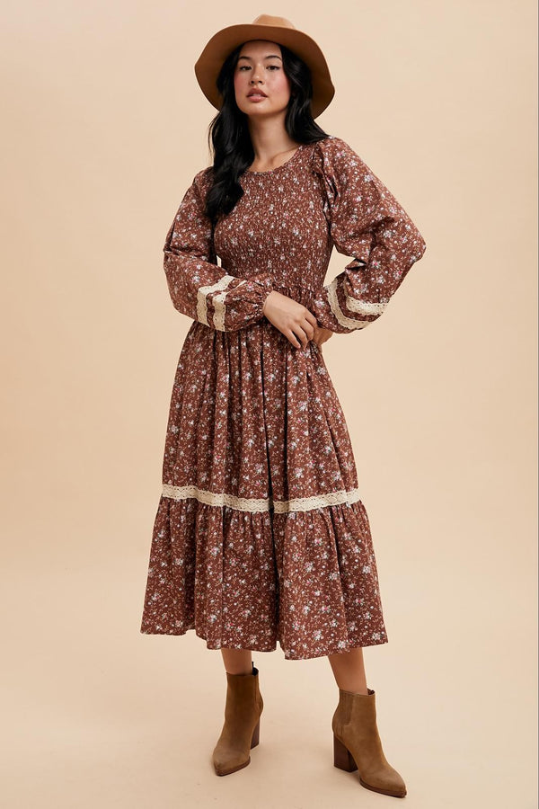 SMOCKED FLORAL COTTON MAXI DRESS in Mocha