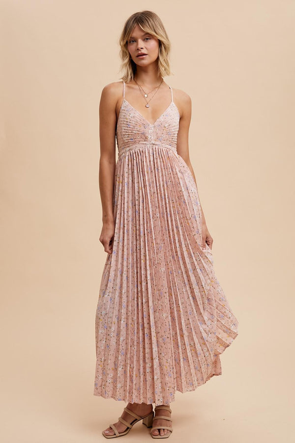 PLEATED FLORAL MAXI DRESS in Baby Pink- fInal Sale