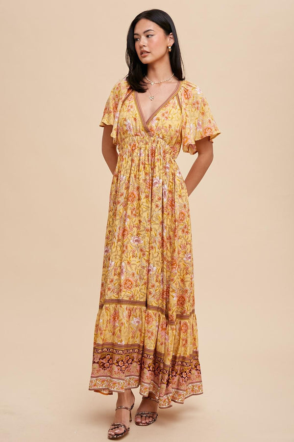 BORDER PRINT FAUX SURPLICE WRAP MAXI in Dusted Poppy