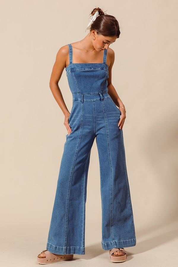 Front Cut Exposed Seam Washed Denim Jumpsuit