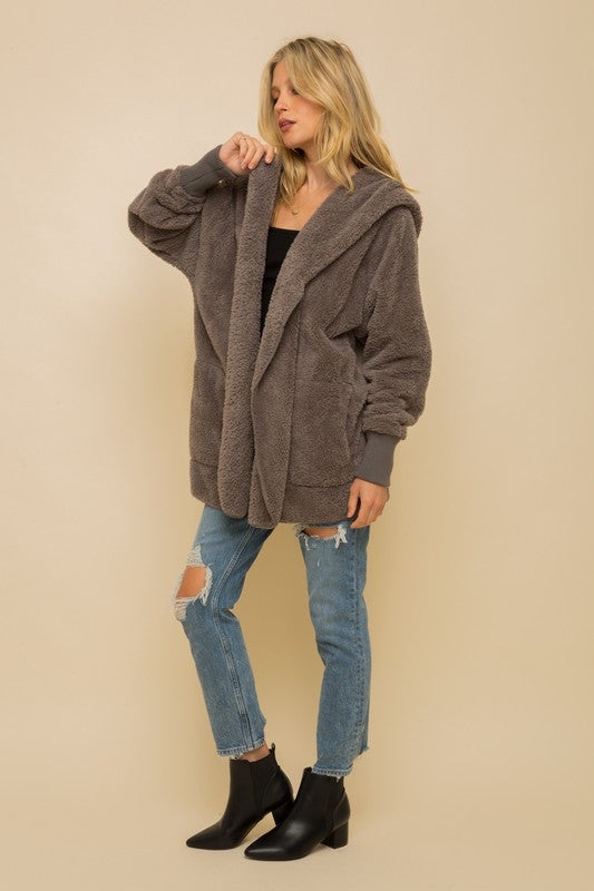 Faux fur So Soft plush hooded jacket with pockets (Steel Grey- ONE SIZE)