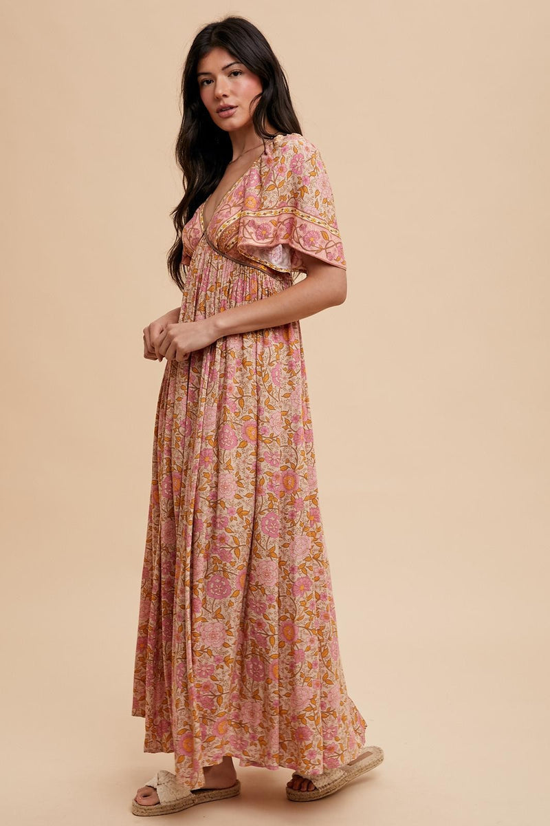 BORDER PRINT FLUTTER SLEEVE MAXI DRESS in Coral