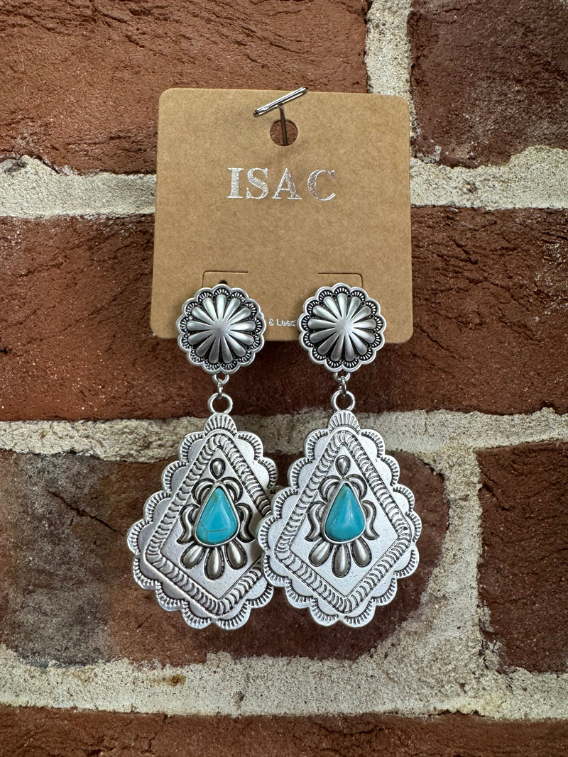 Embellished Silver Kite with Triangle Turquoise Stone Dangle Post Earrings