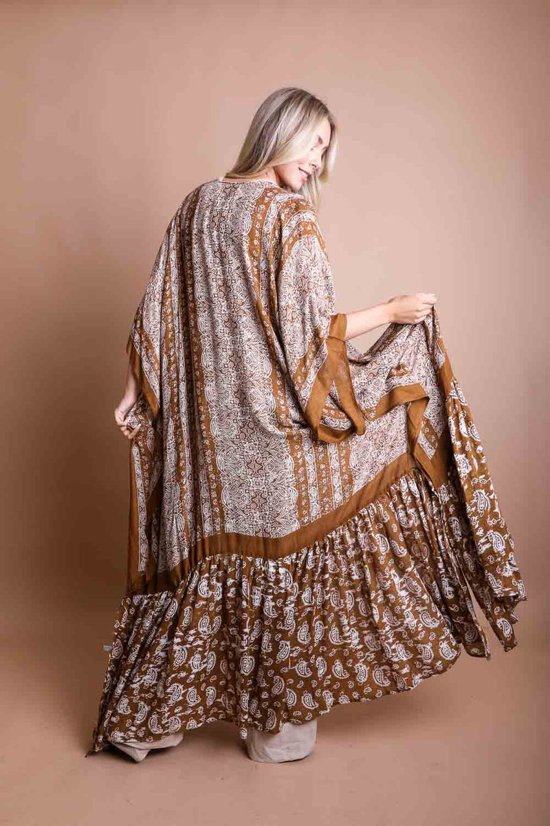 Paisley Free Flow Longline Kimono in Brown - One Size