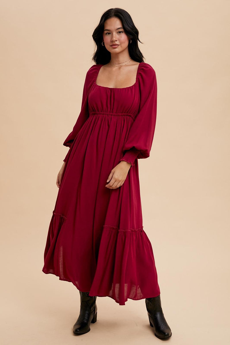 GATHERED LONG SLEEVE MAXI DRESS