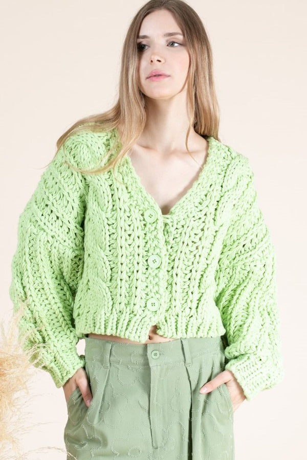 THICK KNIT BIG BUTTON CARDIGAN in Lime