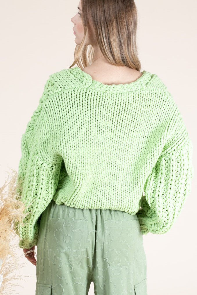 THICK KNIT BIG BUTTON CARDIGAN in Lime - Final Sale