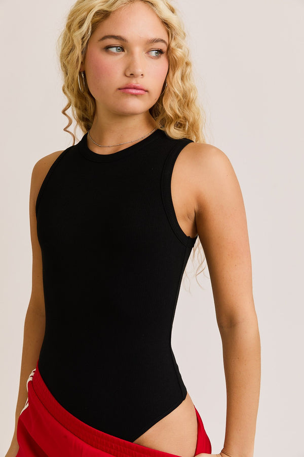 Round Neck Sleeveless Bodysuit in Black