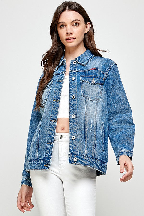 DENIM OVERSIZED JACKETS DISTRESSED WASHED in Medium Wash (S-1XL)