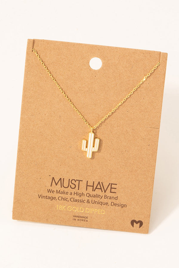 Dainty Striped Cactus Pendant Necklace in Gold/White