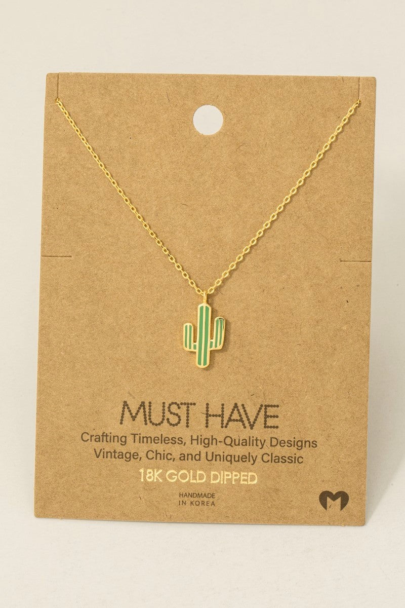 Enamel Cactus Pendant Necklace - 18K Gold Dipped