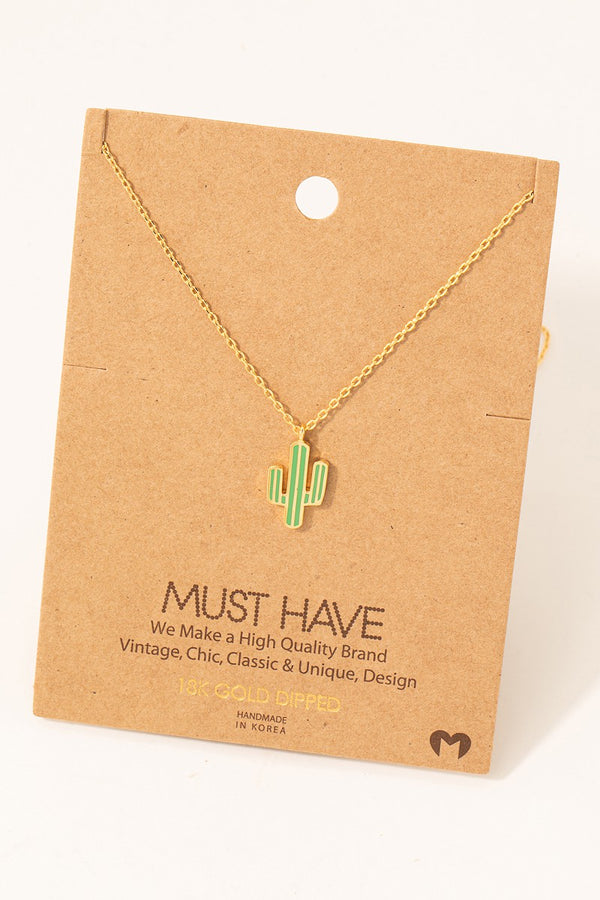 Dainty Striped Cactus Pendant Necklace in Gold/Green