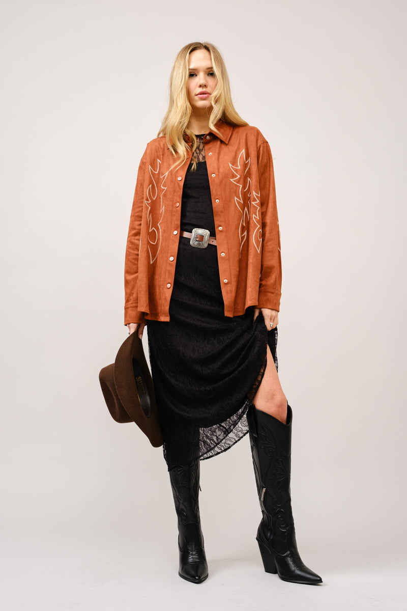 Western Suede Boots Stitch Snap Up Shirt Jacket