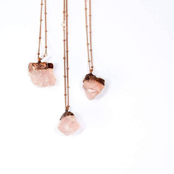 Rose Quartz Electroformed Crystal Necklace - Copper Satellite Chain - by HAWKHOUSE