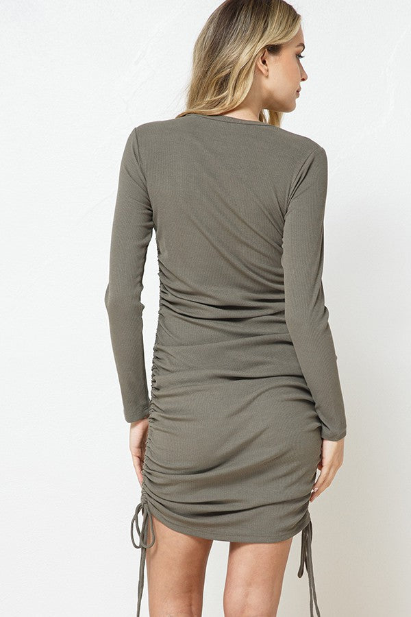 Long Sleeve Ribbed Dress in Olive