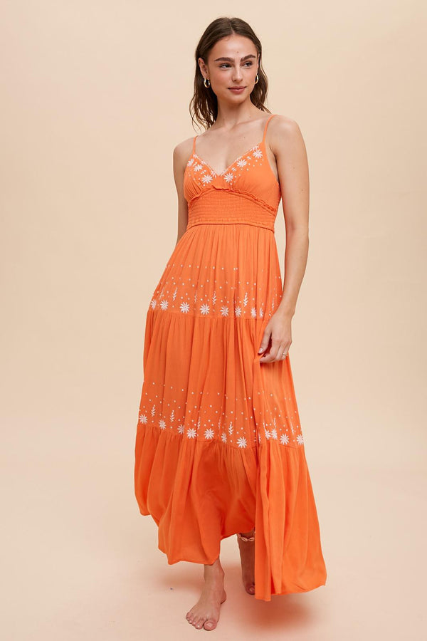 SMOCKED WAIST EMBROIDERED MAXI TIERED DRESS