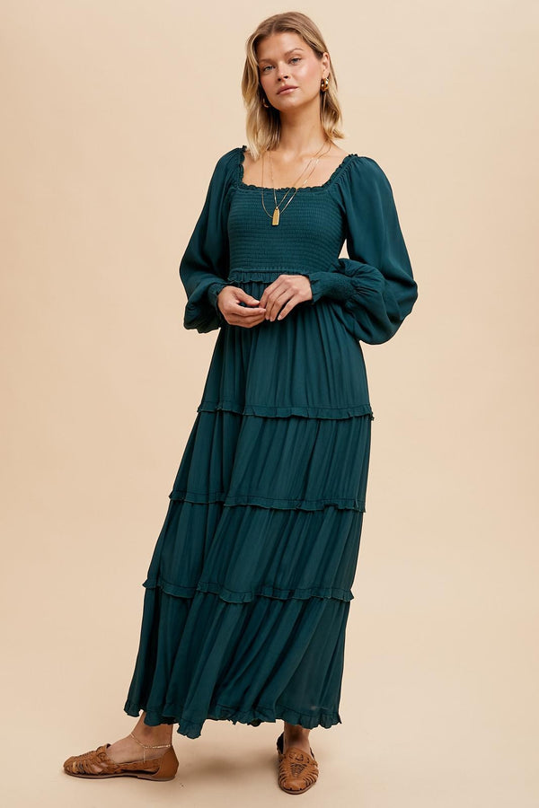 VISCOSE SMOCKED SQUARE NECK TIERED DRESS in Evergreen