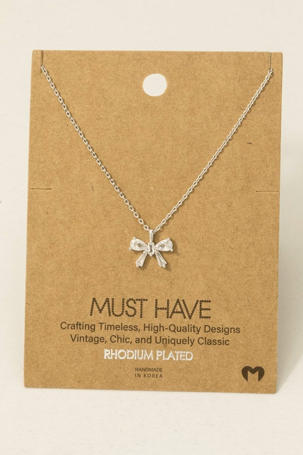 Rhinestone Ribbon Bow Pendant Necklace - Rhodium Plated