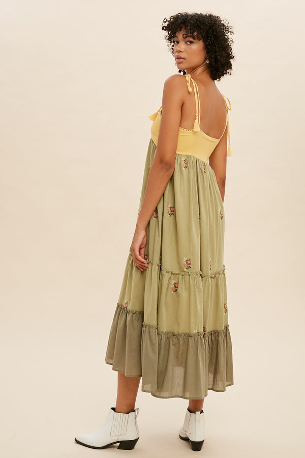 COLOR BLOCK TIERED MIDI DRESS in Green/Yellow