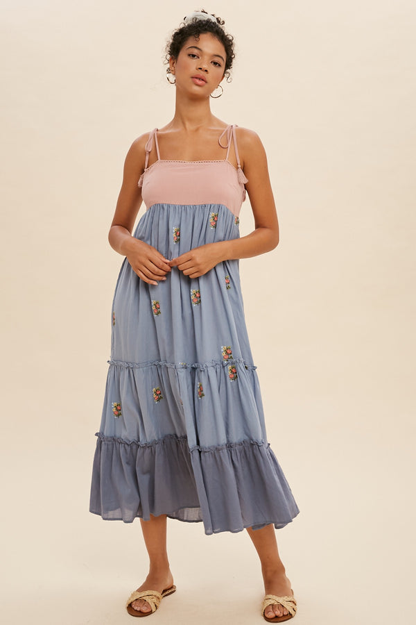 COLOR BLOCK TIERED MIDI DRESS in Pink/Blue