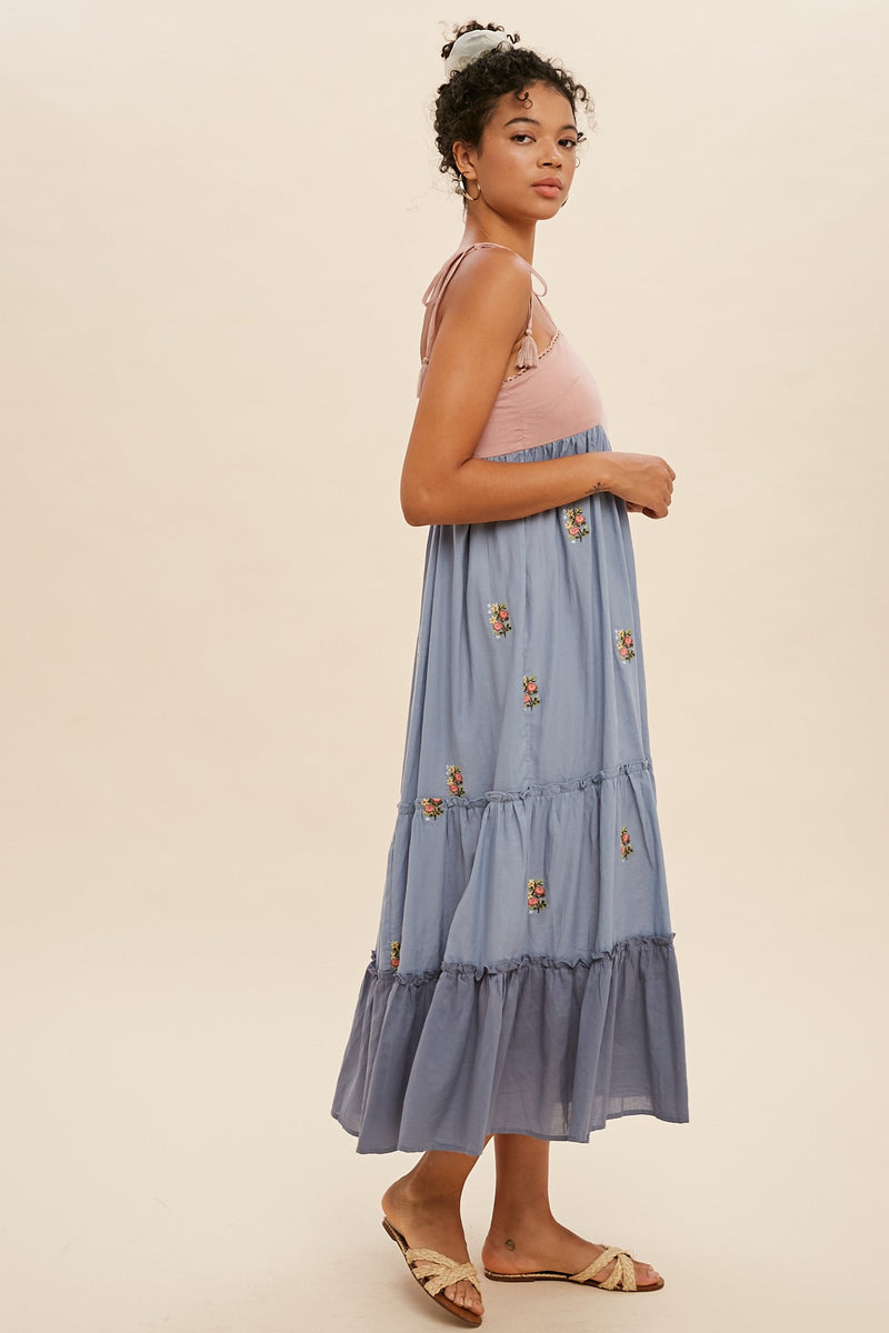 COLOR BLOCK TIERED MIDI DRESS in Pink/Blue