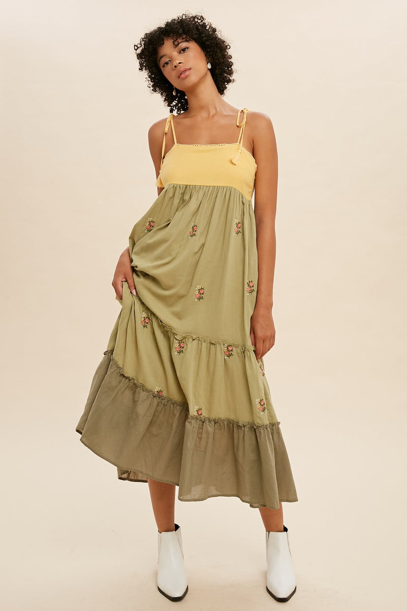 COLOR BLOCK TIERED MIDI DRESS in Green/Yellow