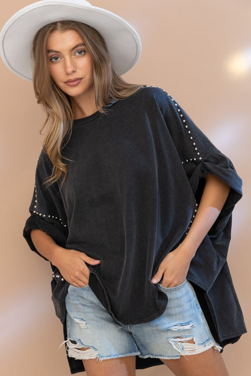 Studded Over sized High low T-Shirt in Black