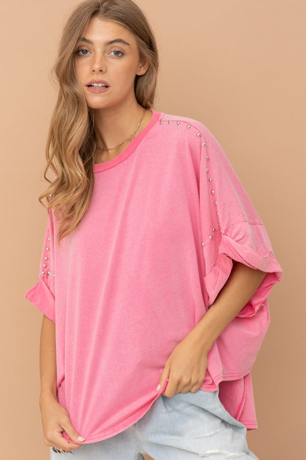 Studded Over sized High low T-Shirt in Pink