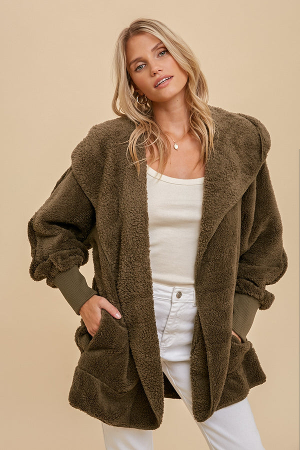 Faux fur So Soft plush hooded jacket with pockets (Olive- ONE SIZE)