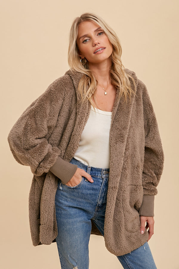 Faux fur So Soft plush hooded jacket with pockets (Ash- ONE SIZE)